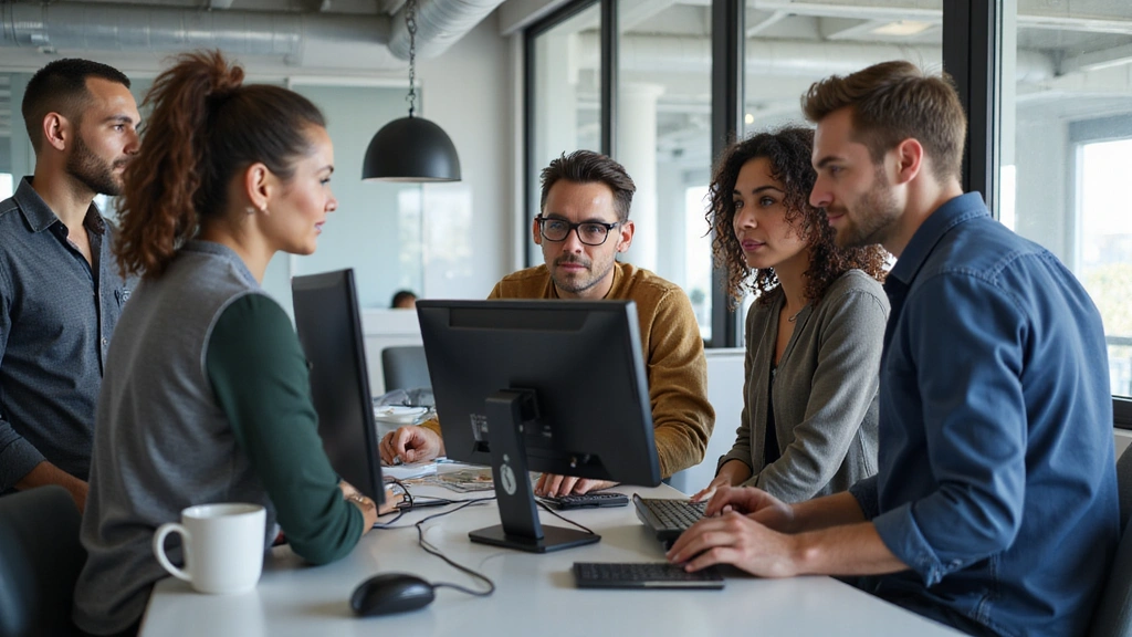 Diverse group of professionals collaborating in a modern office environment.