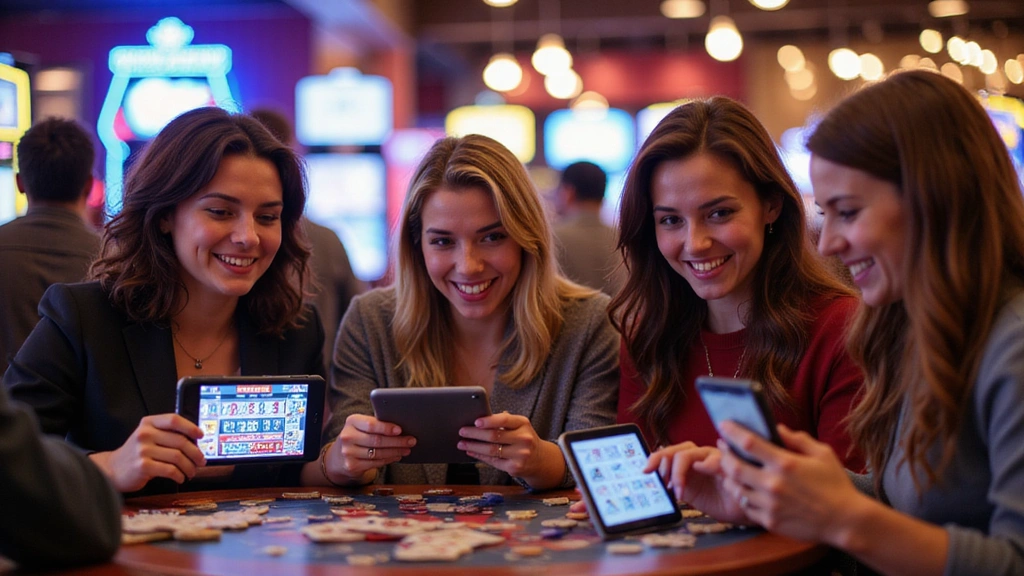 Group of people happily playing social casino games on their devices