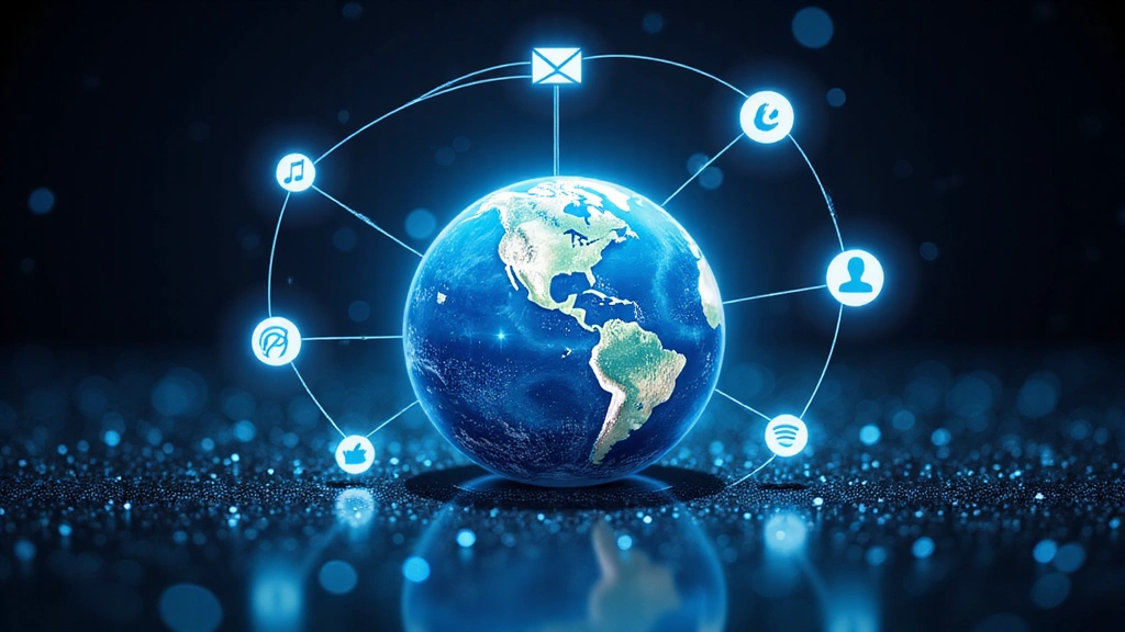 Illustration of a globe with communication icons, representing global connection and contact.