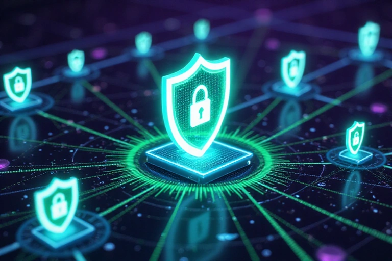 Cybersecurity illustration with shields and encrypted data