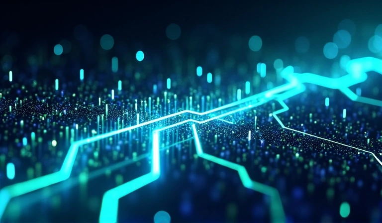 Digital representation of secure data flow with glowing lines and protective barriers