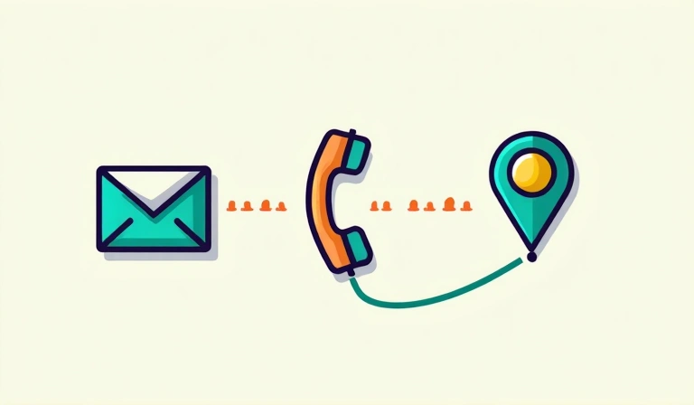 Illustration of a contact icon with an envelope, phone, and location pin
