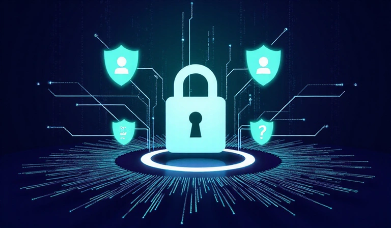 Illustration of data privacy and security with a lock icon and digital shield