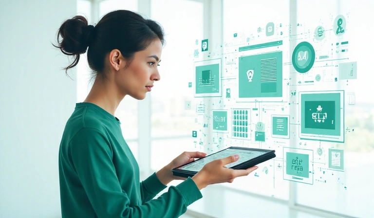 Illustration of a person interacting with data on a tablet, symbolizing data control and rights